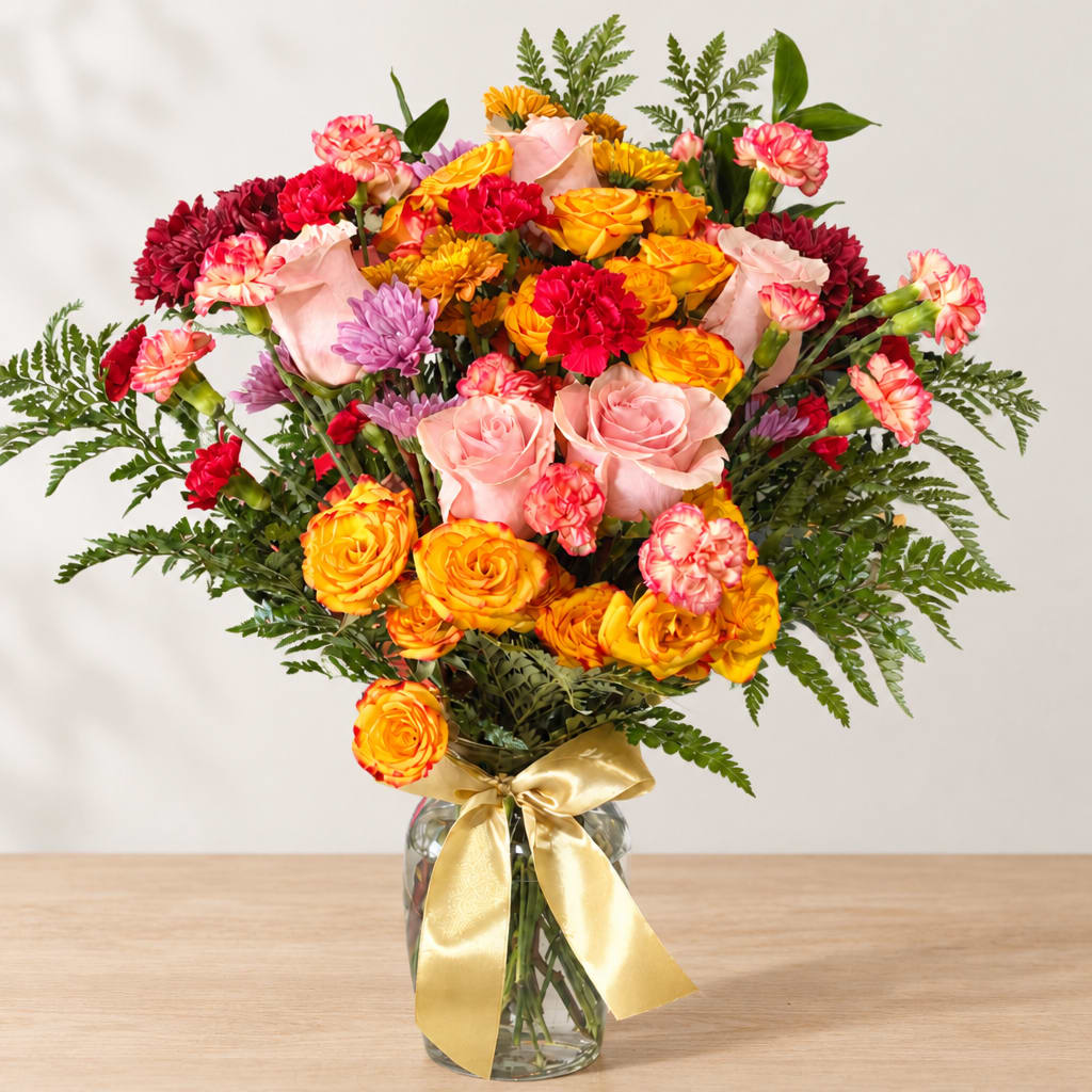 Bouquet of pink, yellow, and red flowers in a glass vase with a gold ribbon
