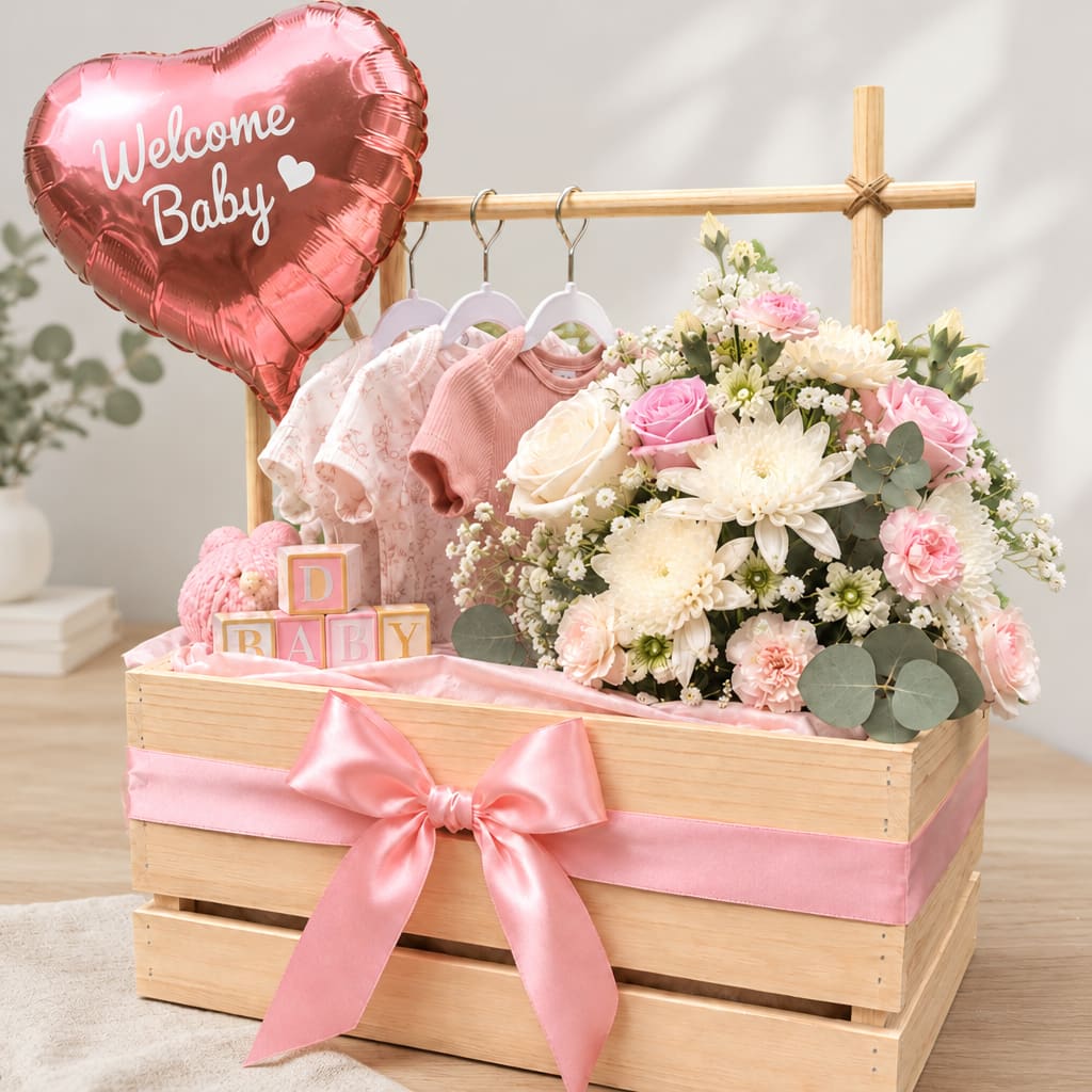 Pink baby shower gift box with flowers, baby clothes, and a heart balloon