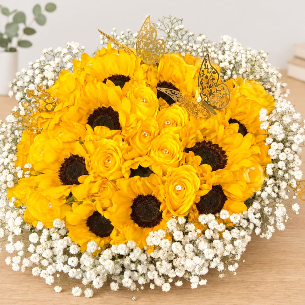 Yellow sunflower and rose bouquet with white baby's breath and butterfly picks