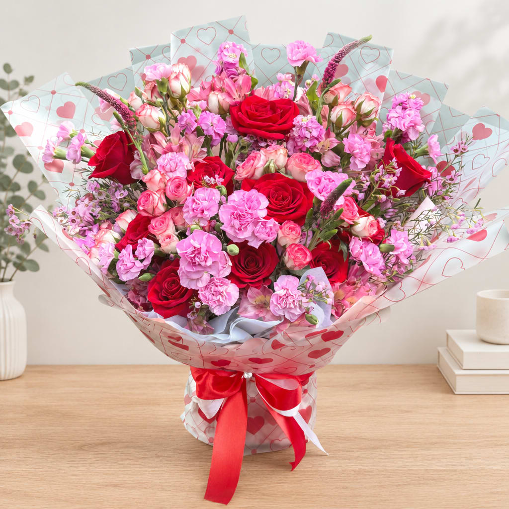Bouquet of red and pink roses with pink flowers in heart-patterned wrap