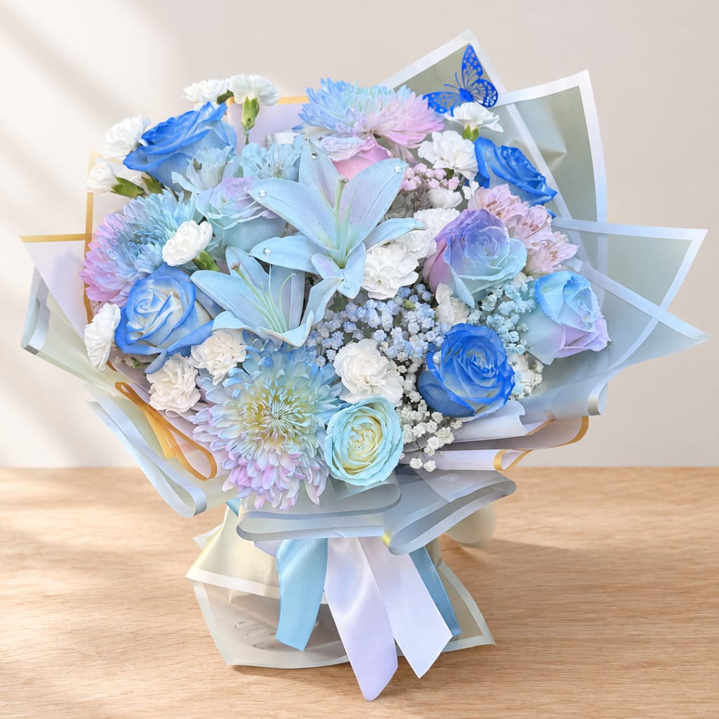 Pastel bouquet of blue and white flowers wrapped in translucent paper