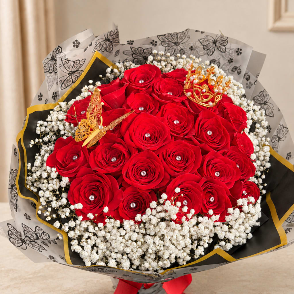 Bouquet of red roses with white baby's breath and decorative butterfly accents