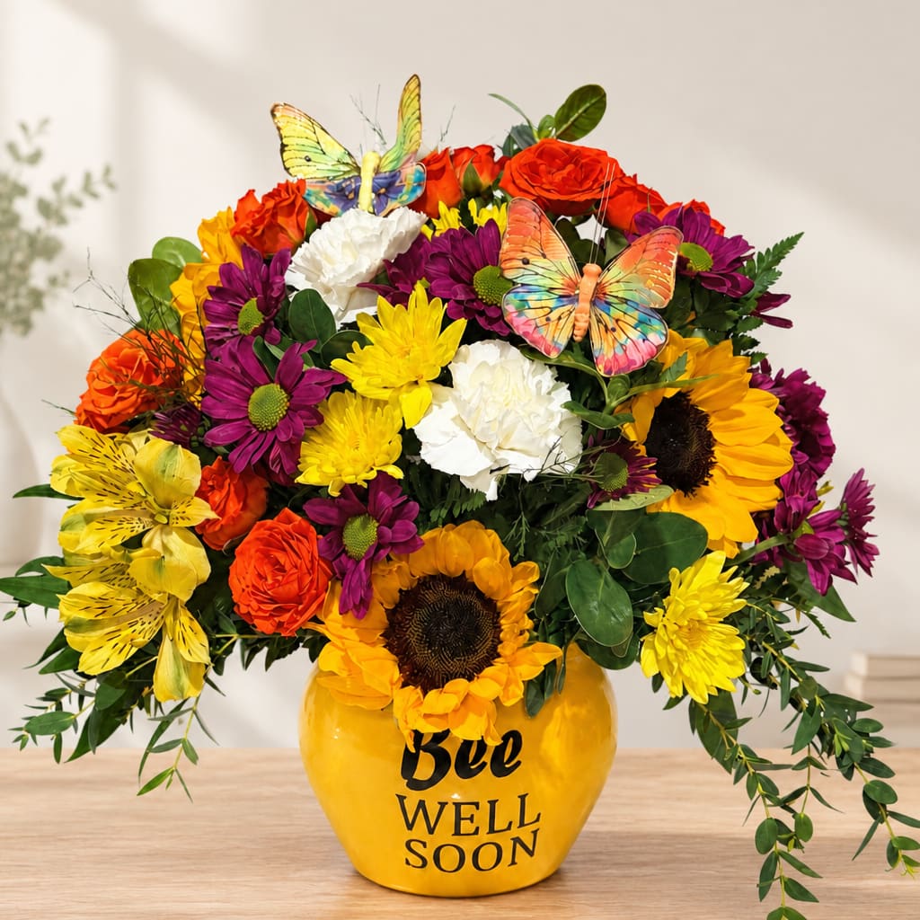 Colorful bouquet in a yellow vase with butterflies and "Bee Well Soon" text