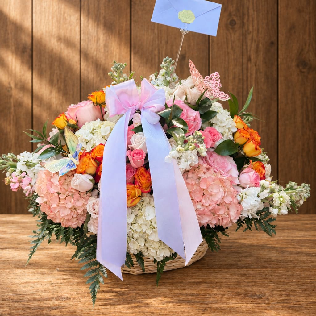 Large pastel flower basket with a lavender bow and card