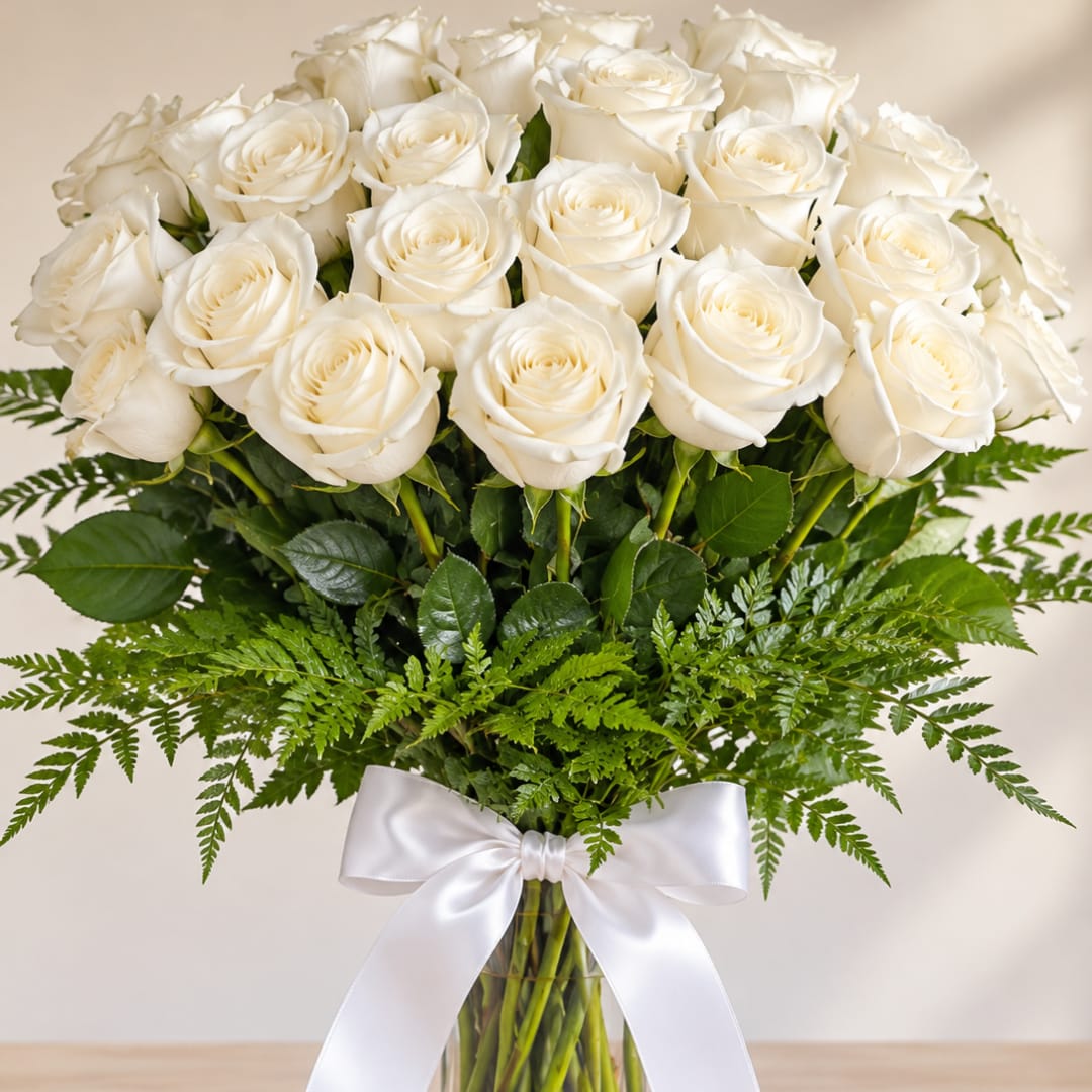 Bouquet of white roses in a glass vase with a white ribbon