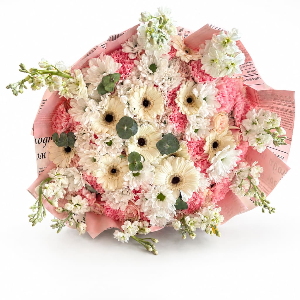 Pink and white mixed bouquet with gerbera daisies and carnations wrapped in pink paper