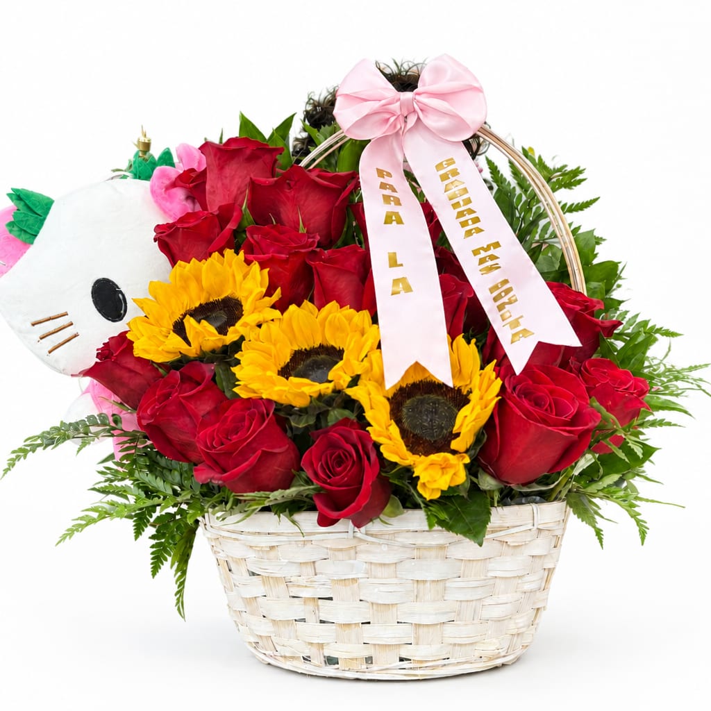 Basket arrangement of red roses and sunflowers with a pink ribbon and plush cat