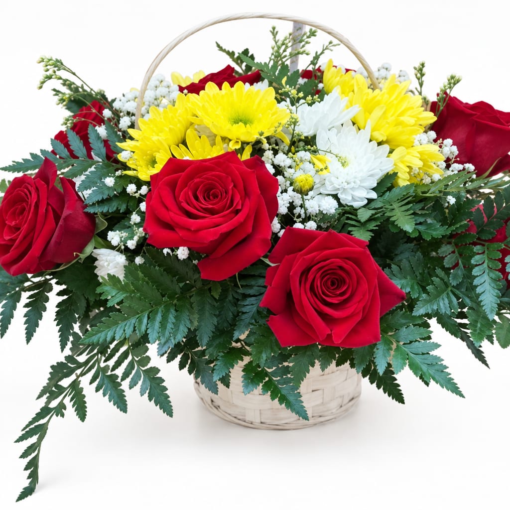 Basket arrangement of red roses, yellow and white daisies, and baby's breath