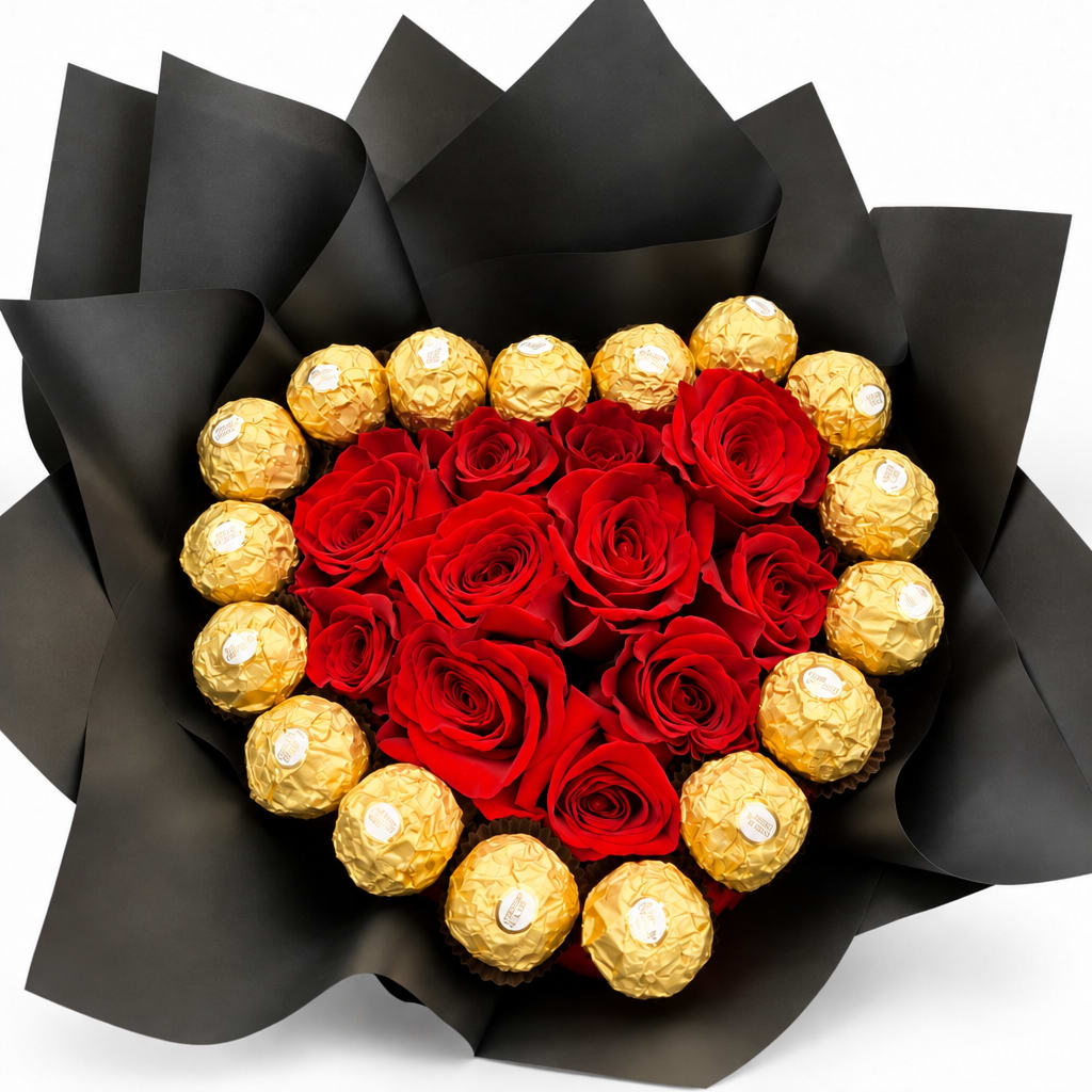 Heart-shaped bouquet of red roses and gold-wrapped chocolates in black paper