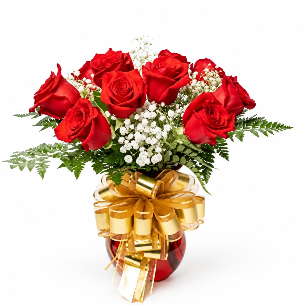Red roses in a glass vase with baby's breath and a gold ribbon bow