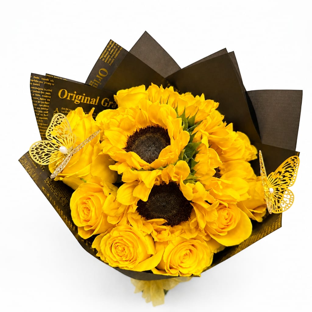 Yellow sunflower and rose bouquet wrapped in black paper with butterfly accents