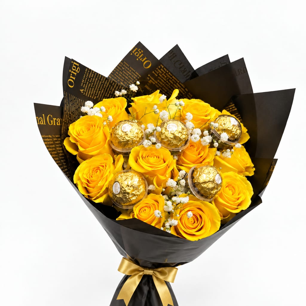 Yellow rose bouquet with gold-wrapped chocolates in black paper