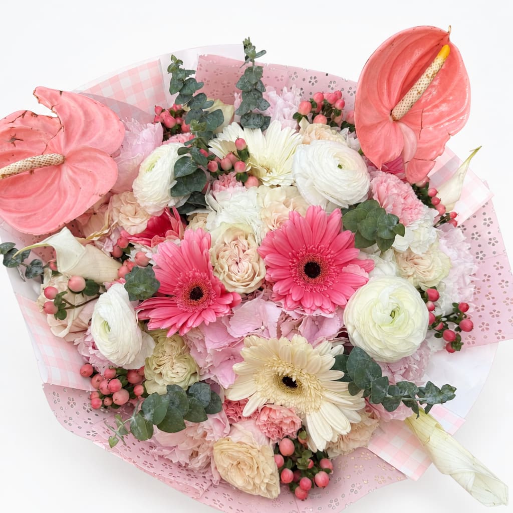 Pink and white mixed bouquet with gerbera daisies and anthuriums