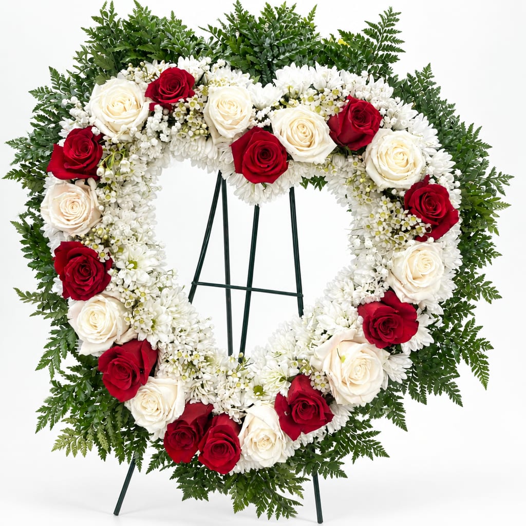 Heart-shaped wreath of red and white roses on a stand