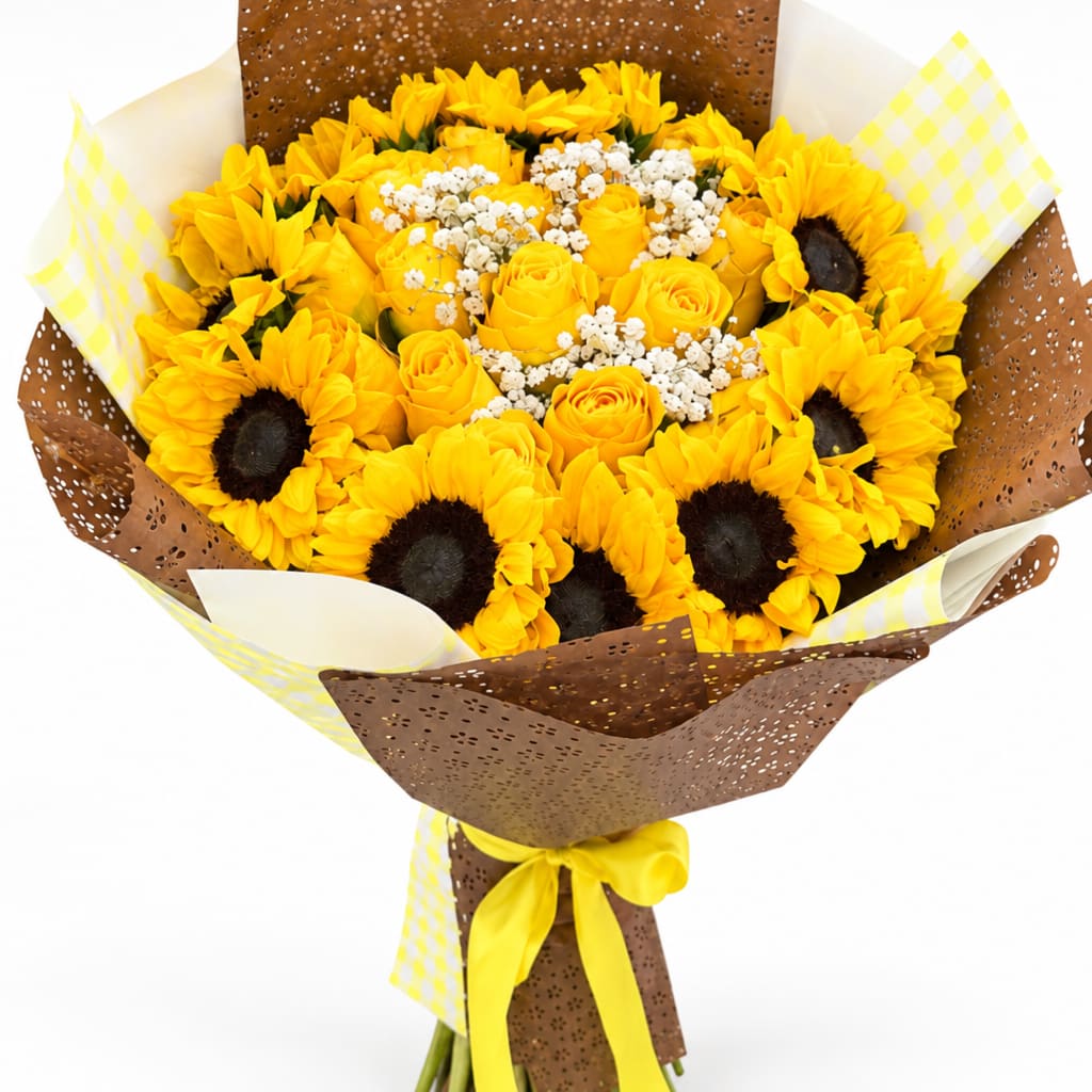 Yellow sunflower and rose bouquet wrapped in brown and checkered paper
