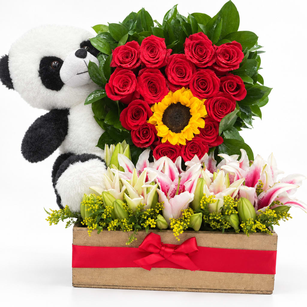 Panda plush beside red roses and lilies in a wooden box with a red ribbon