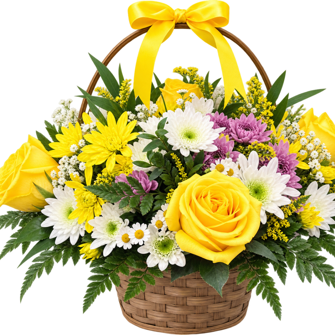 Yellow roses and white-purple daisies in a wicker basket with a yellow bow