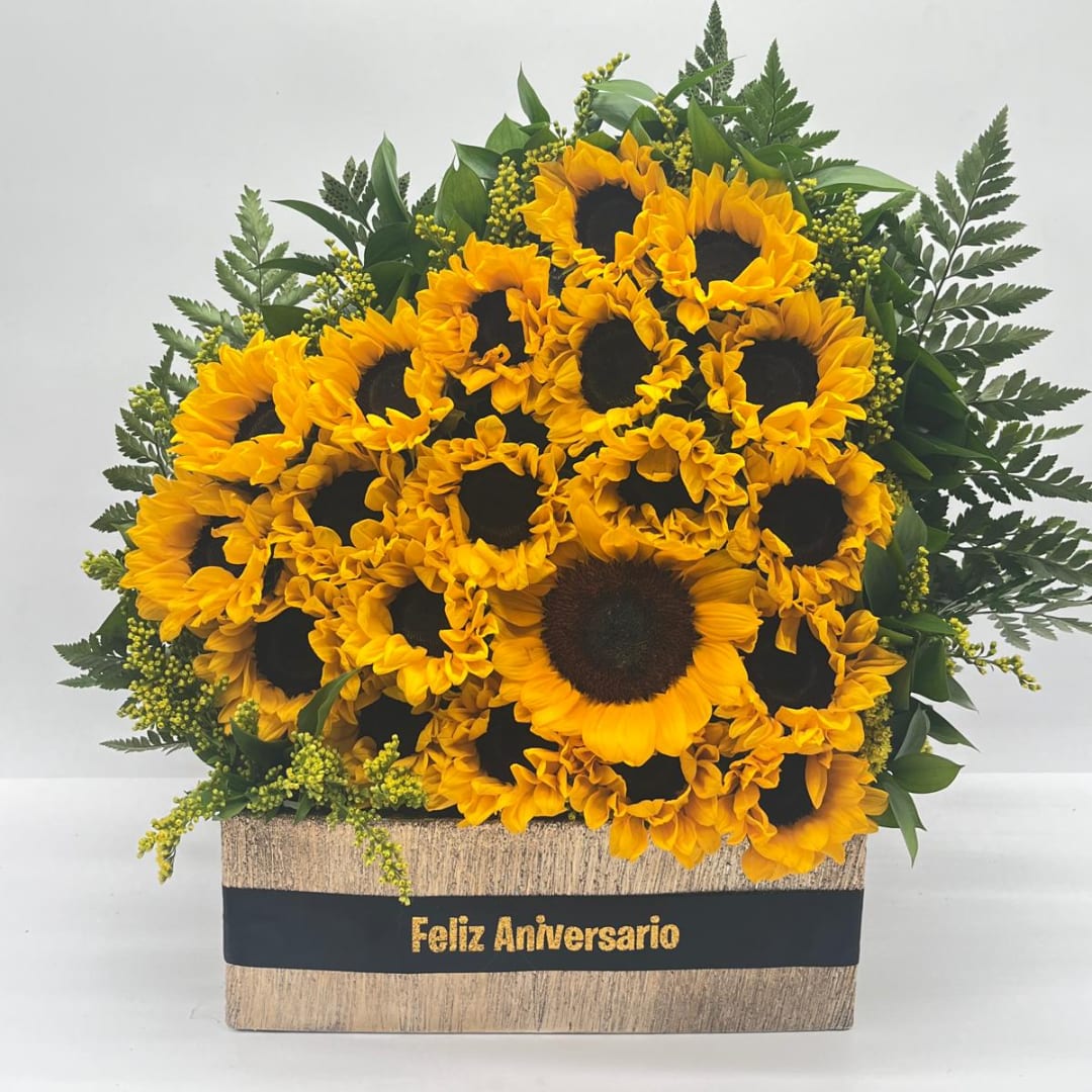 Sunflower arrangement in a rectangular box with a Feliz Aniversario ribbon