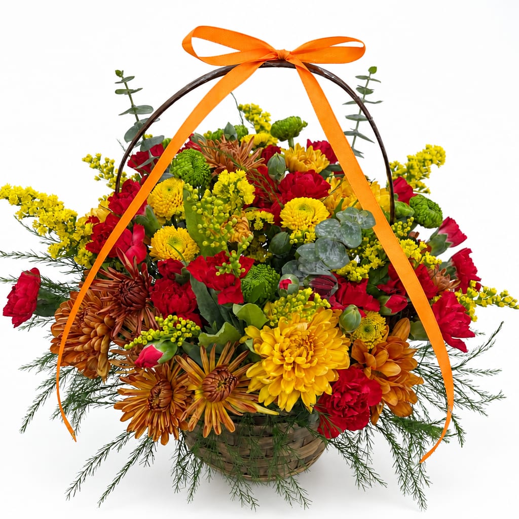 Basket of red, yellow, and orange flowers with an orange ribbon handle