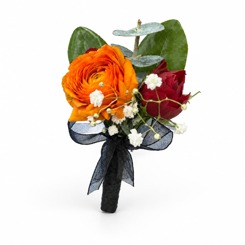 Orange and red rose boutonniere with black ribbon