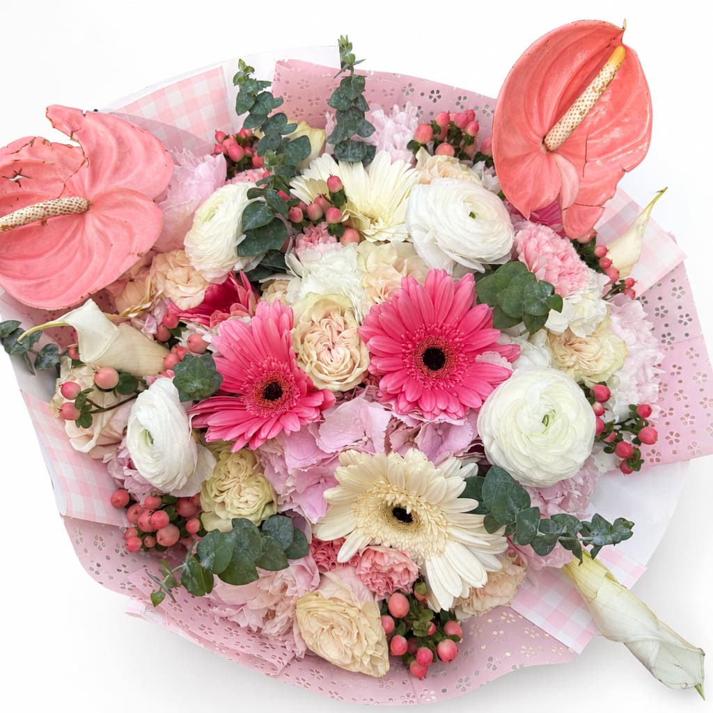 Pink and white mixed bouquet with gerbera daisies and anthuriums