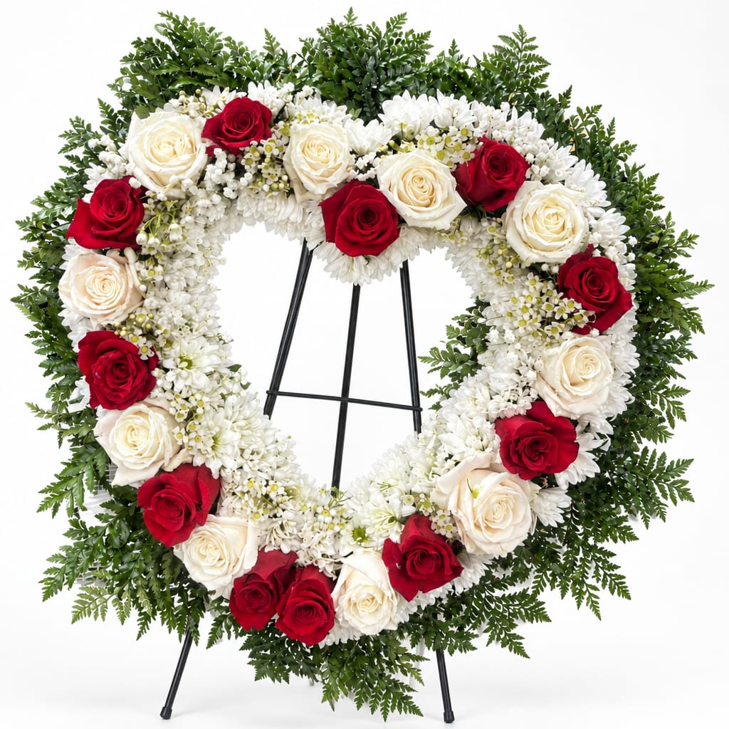Heart-shaped floral wreath with red and white roses on a stand