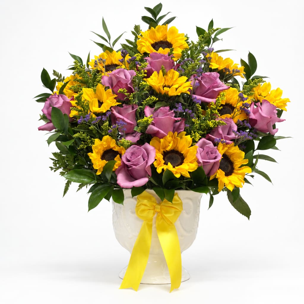 Bouquet of yellow sunflowers and lavender roses in a white vase with a yellow ribbon