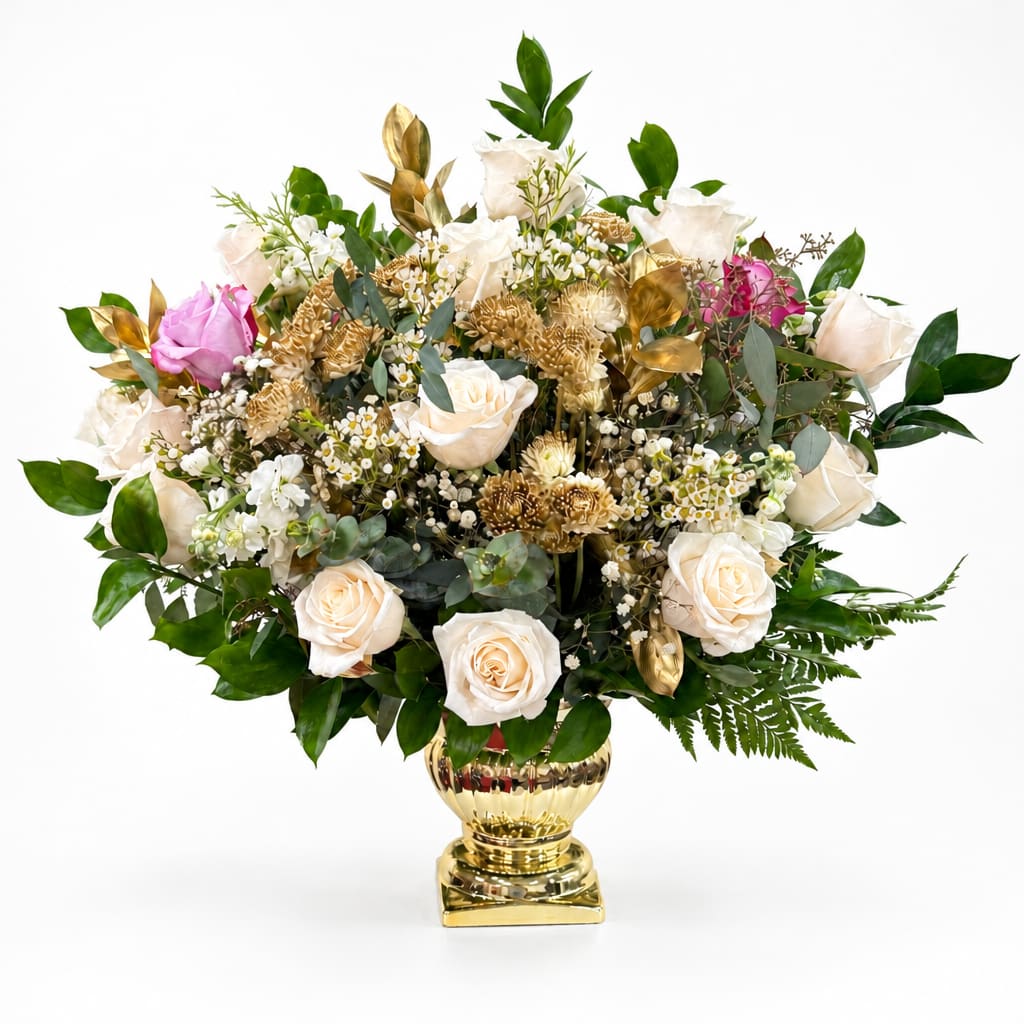 Cream and pink roses in a gold vase with mixed greenery