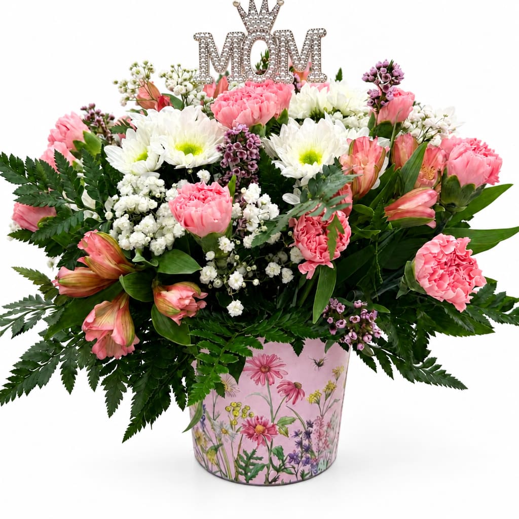 Pink and white mixed bouquet in a floral-print pot with a jeweled MOM topper