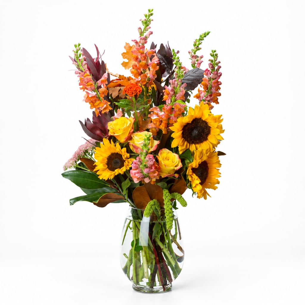 Sunflowers and pink snapdragons in a clear glass vase