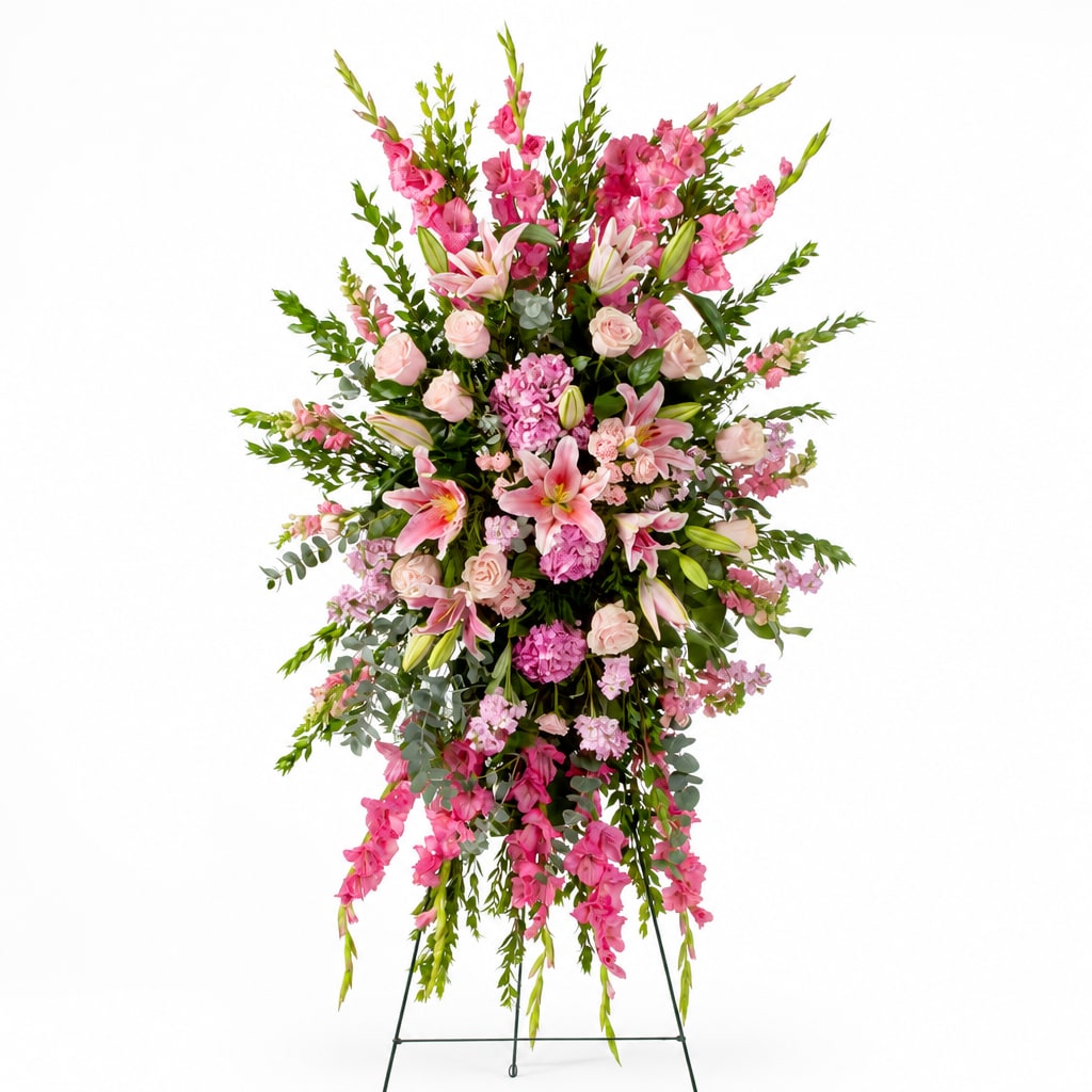 Tall pink floral standing arrangement on a metal easel