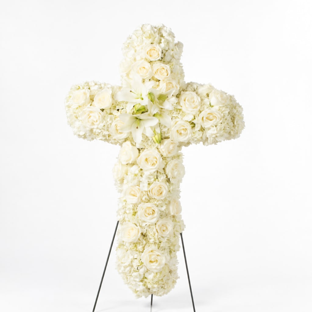 White floral cross-shaped standing arrangement on a metal easel