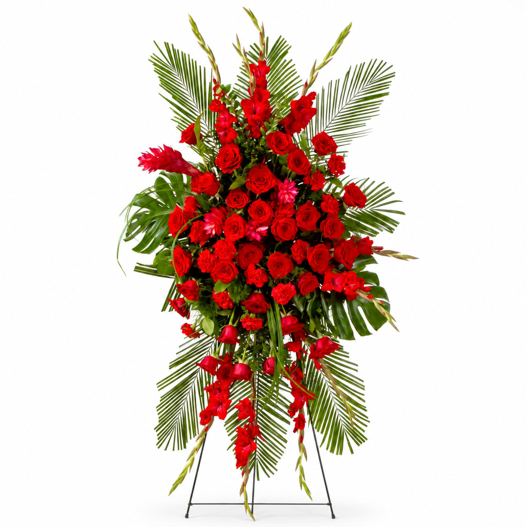 Tall red floral standing spray with roses and tropical leaves on an easel