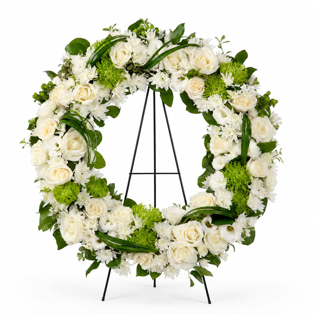 White rose and chrysanthemum wreath on a black easel