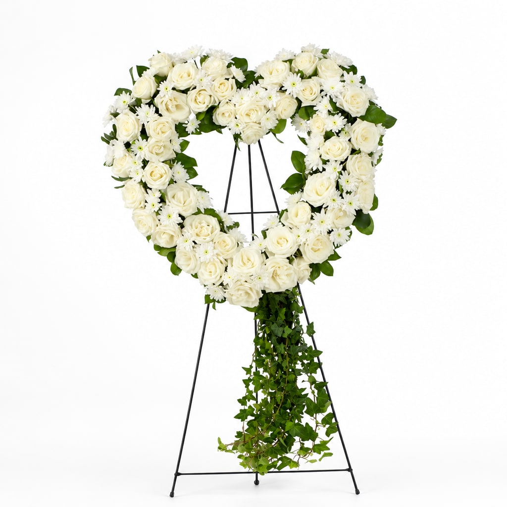 Heart-shaped white rose wreath on a black easel with trailing greenery