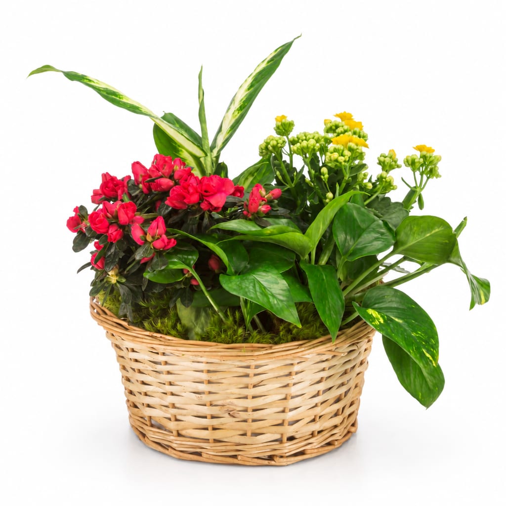 Basket planter with pink flowers and green foliage