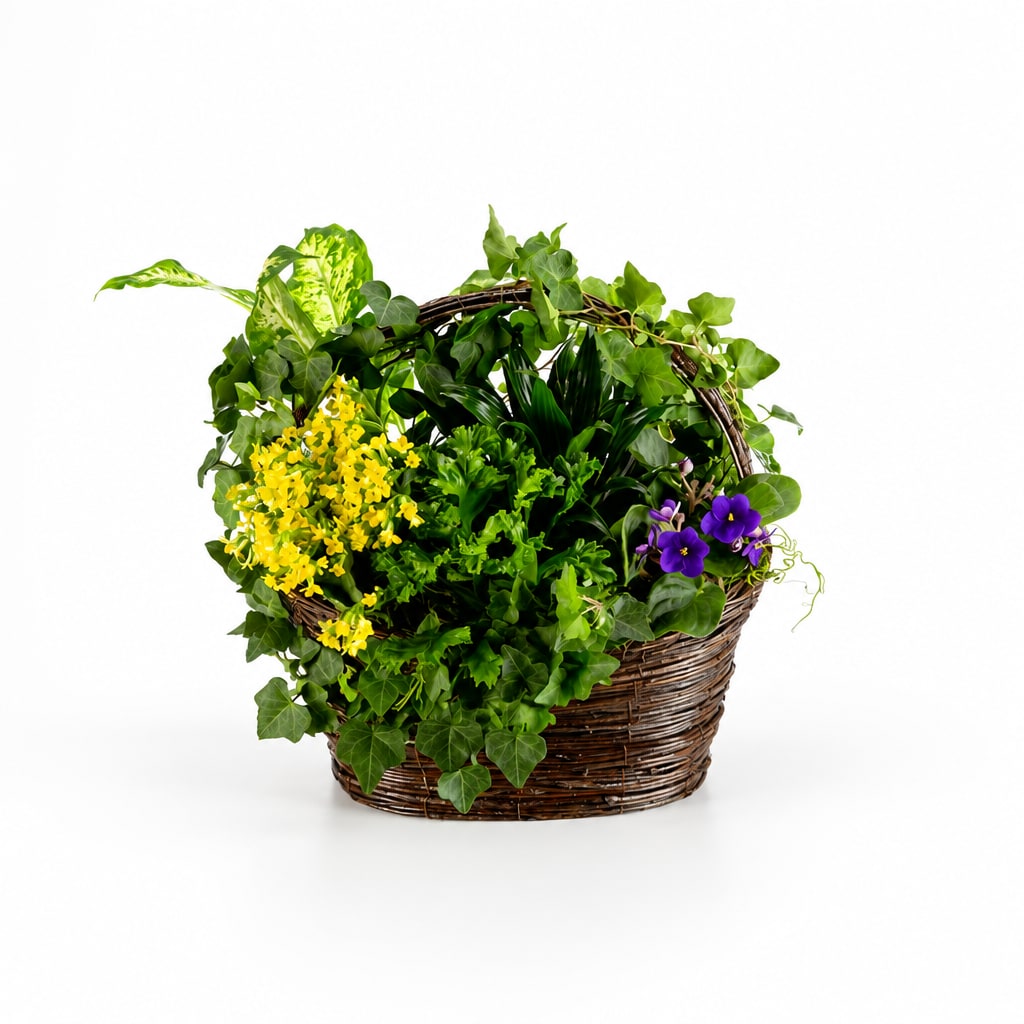 Basket of mixed green plants with yellow and purple flowers