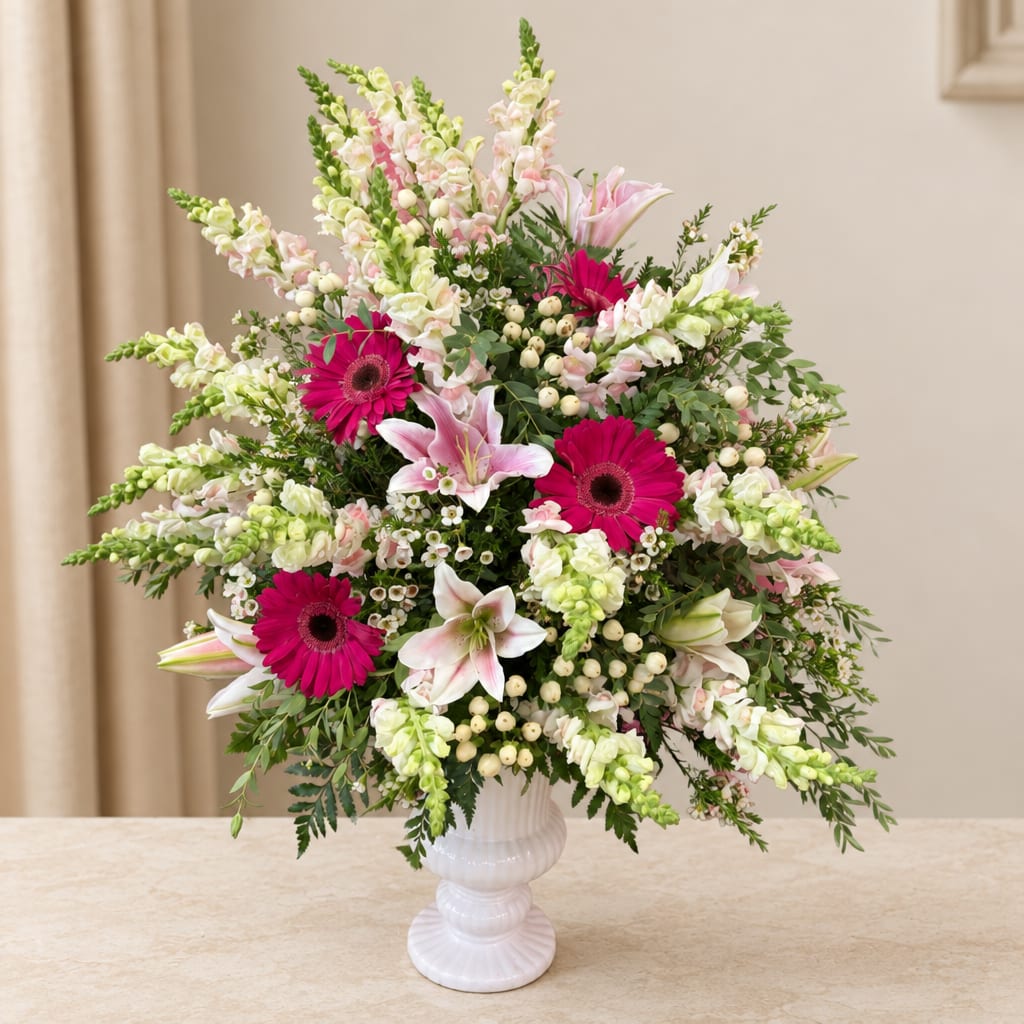 Pink and white mixed flower arrangement in a white pedestal vase