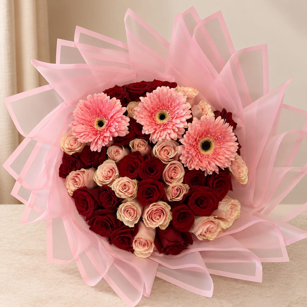 Bouquet of red and pink roses with three pink gerbera daisies