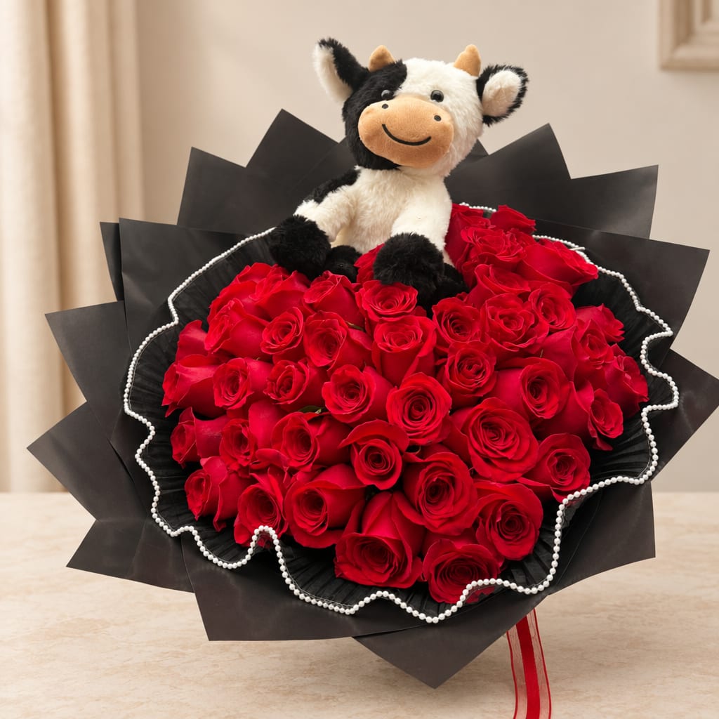 Bouquet of red roses with a plush cow topper