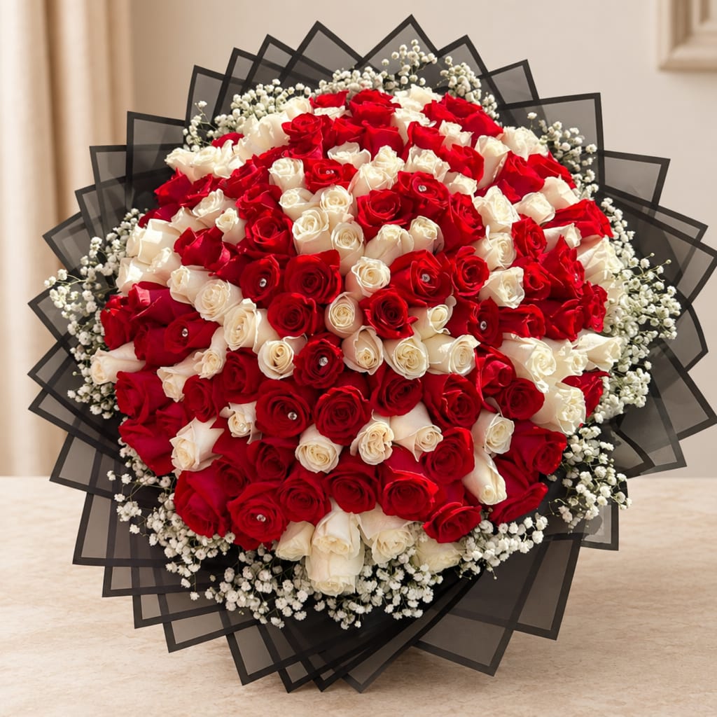 Large bouquet of red and white roses with black wrapping