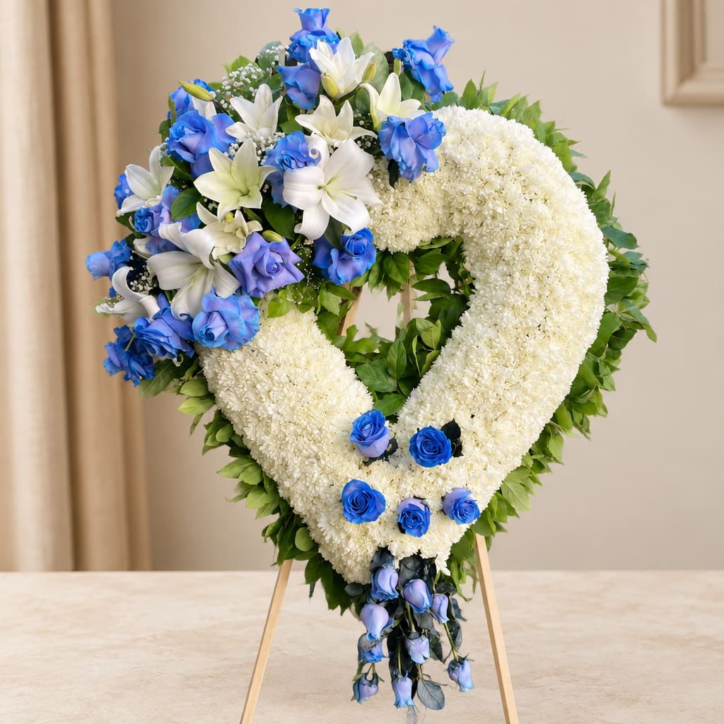 Heart-shaped floral wreath with white blooms and blue roses on an easel
