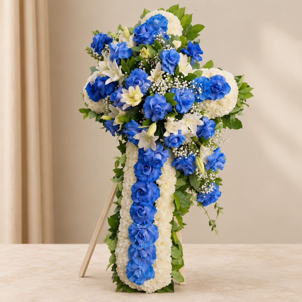 Blue and white floral standing spray on an easel