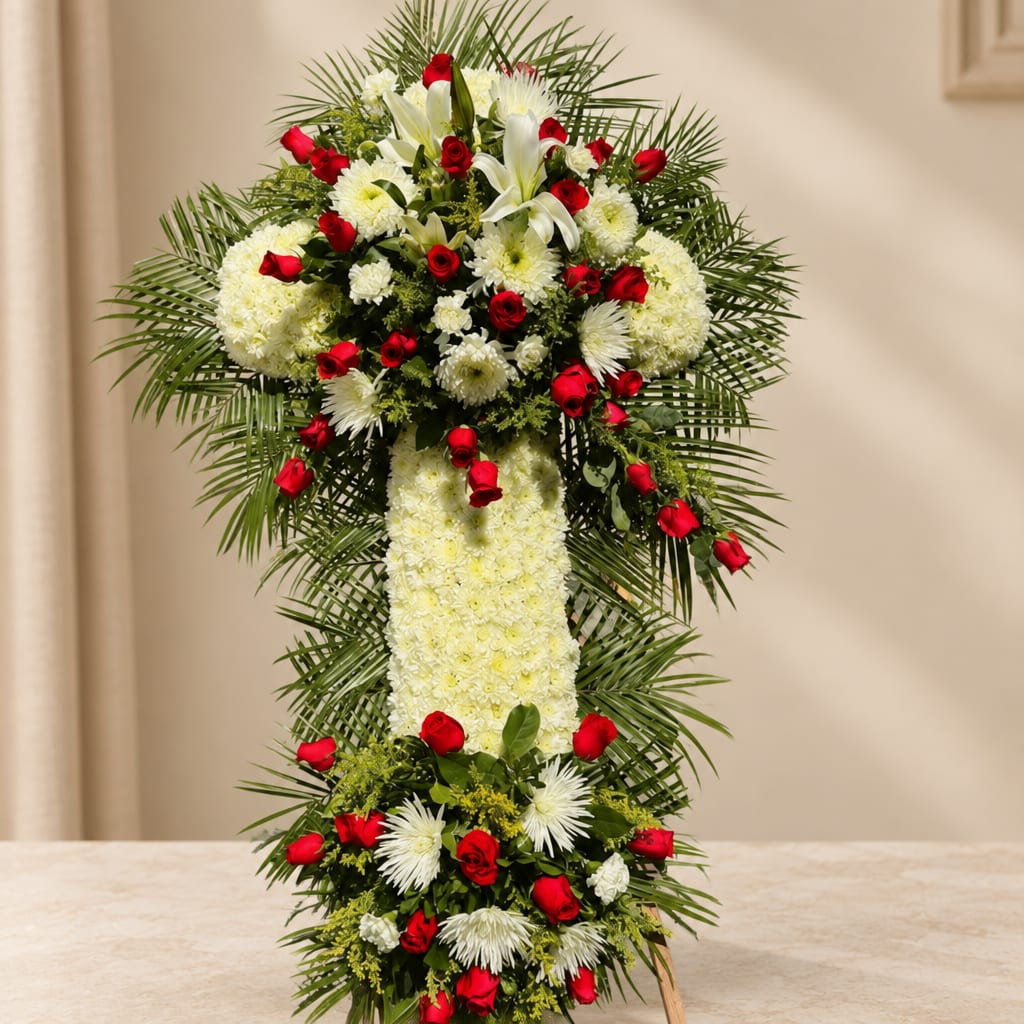 Standing floral cross with red roses and white flowers