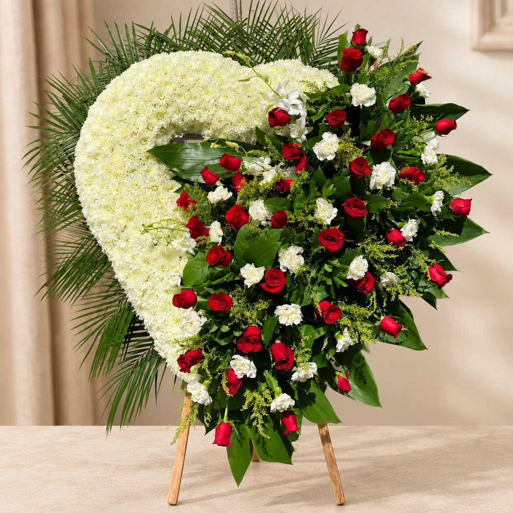 Heart-shaped floral wreath with red roses and white flowers on an easel