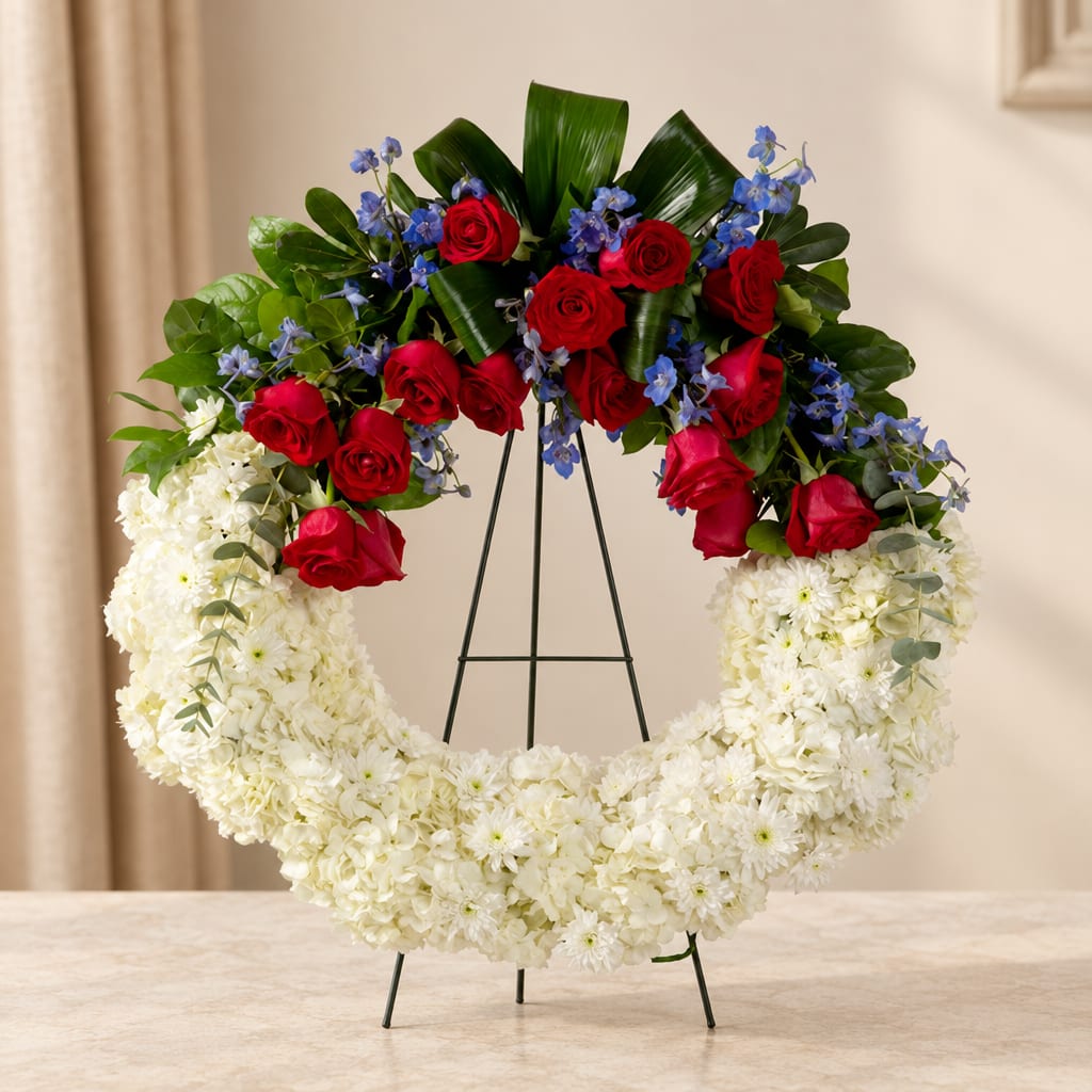 Large floral wreath with red roses, blue accents, and white blooms on a stand
