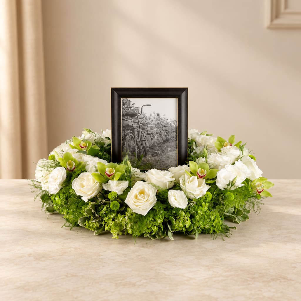 White floral wreath with a framed photo in the center