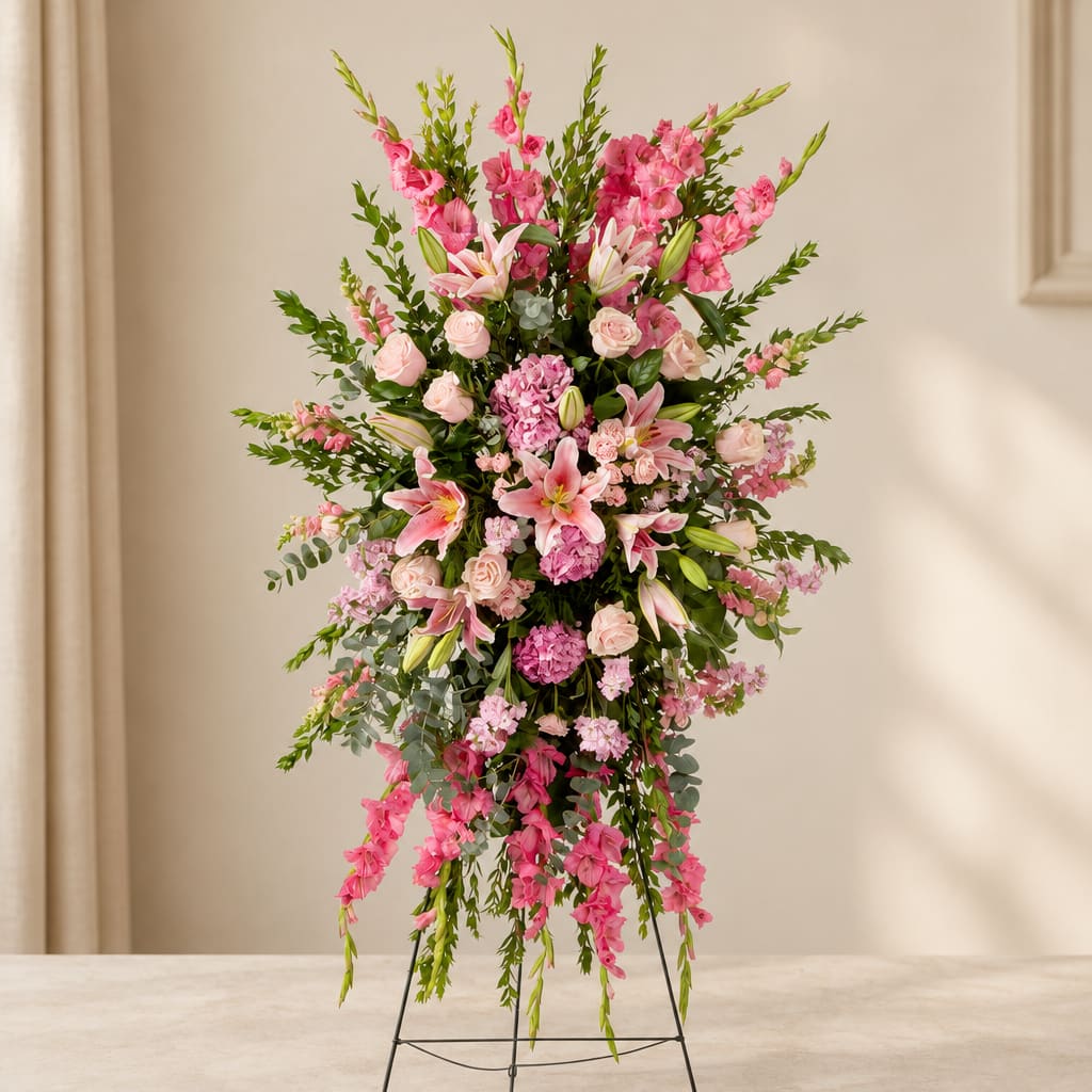 Tall pink floral standing arrangement with lilies and roses
