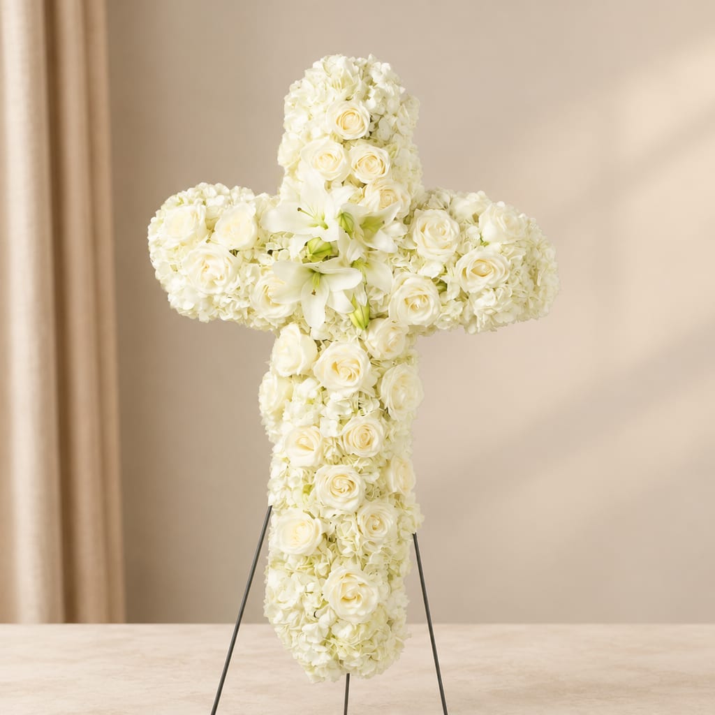 White floral cross arrangement on a stand
