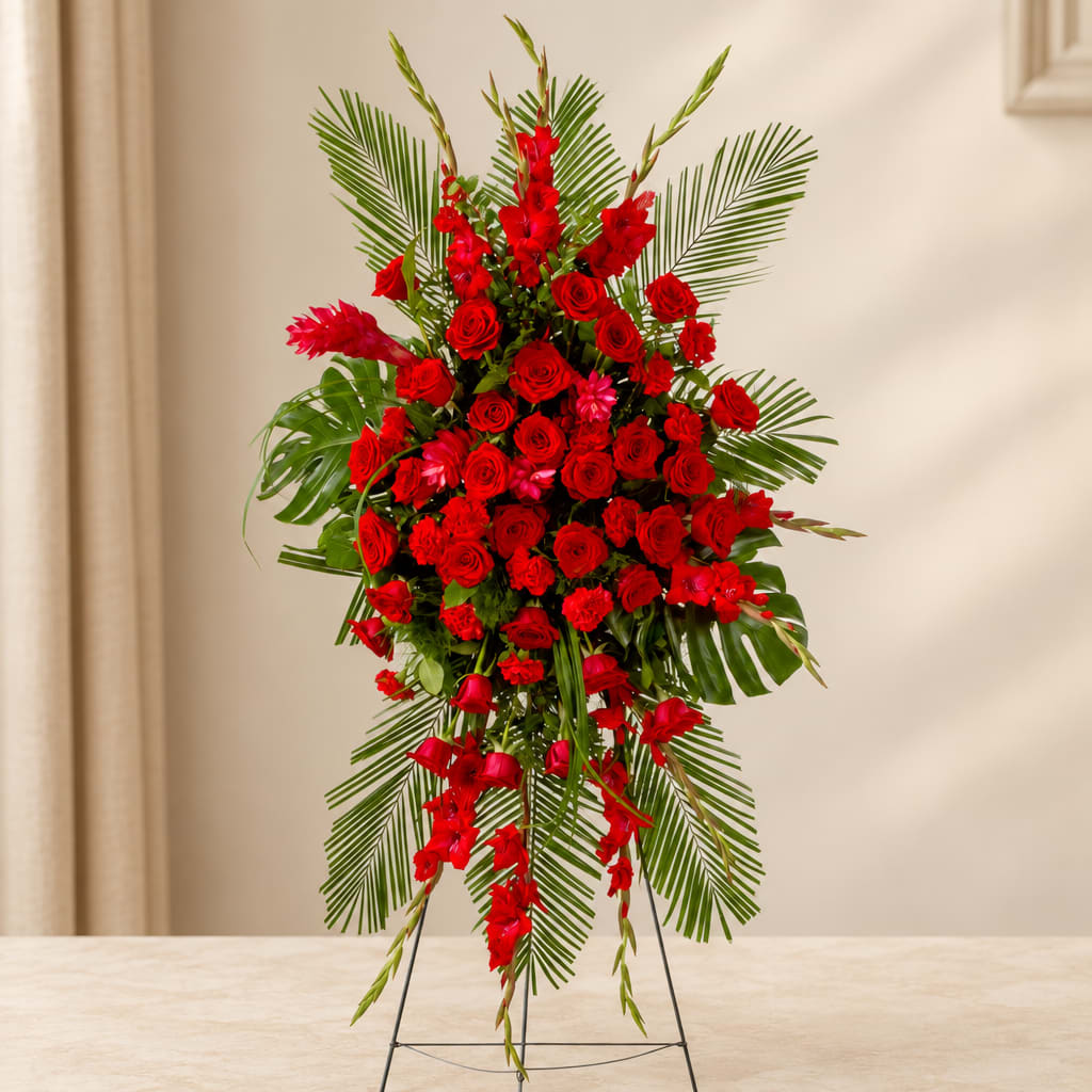 Tall red floral standing arrangement with palm fronds